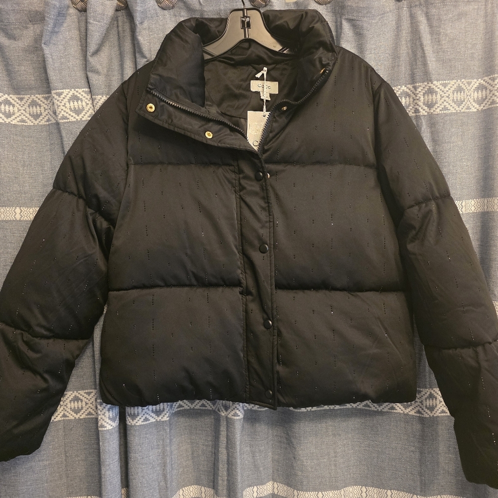 CeCe BLACK & Rhinestone Cropped Puffer Jacket MEDIUM NWT $288 - Picture 4 of 7